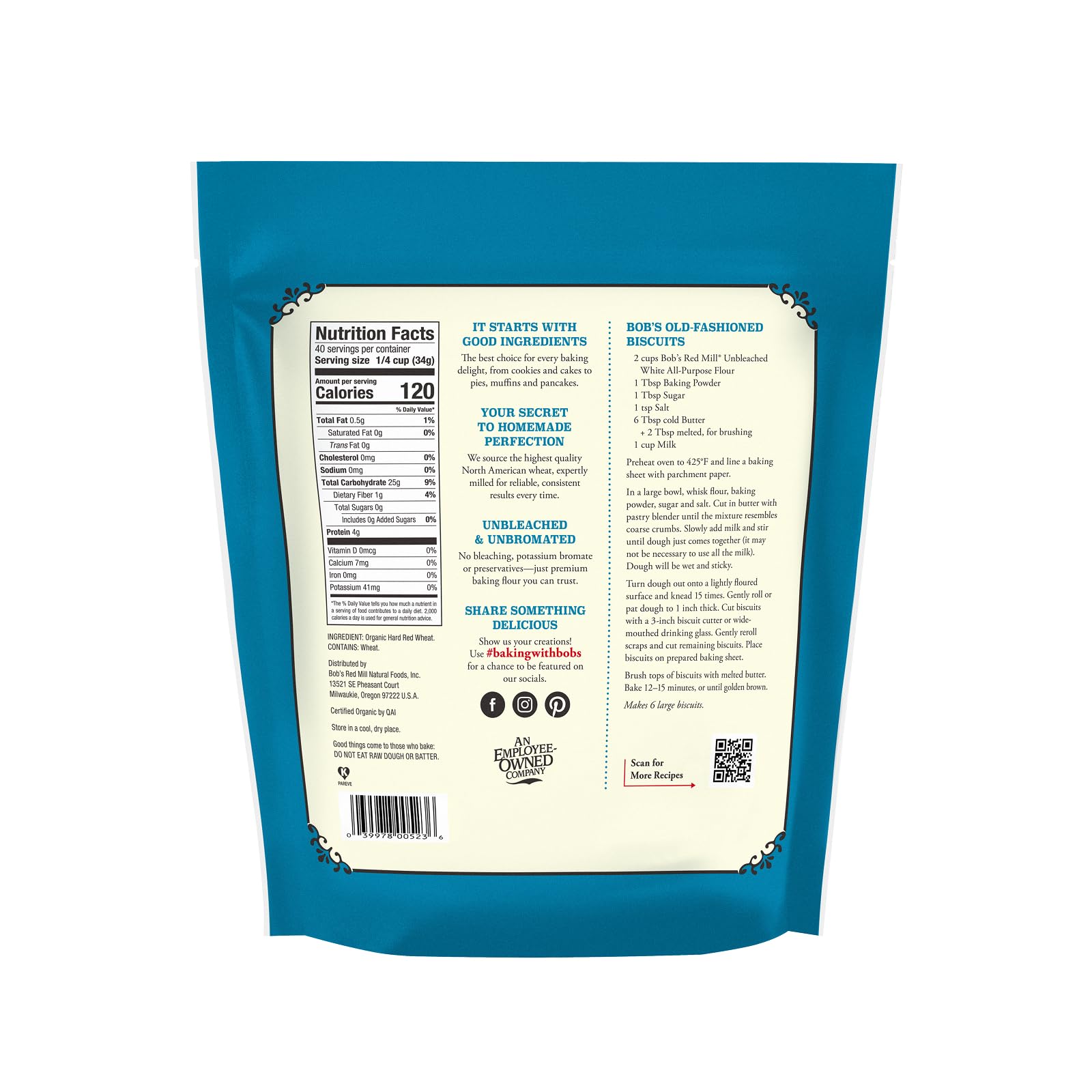 Bob's Red Mill open bag top view displaying fresh-milled flour for easy scooping