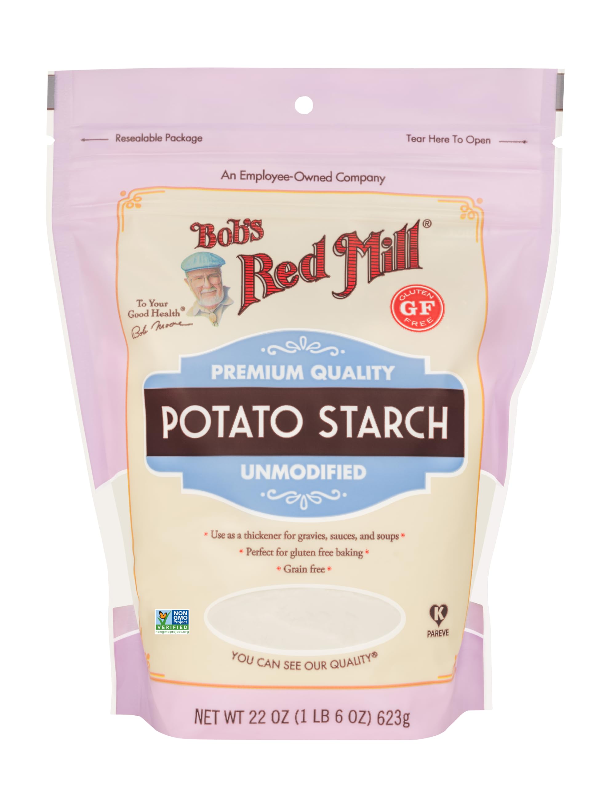 close-up of fine potato starch powder texture from Bob's Red Mill, smooth mixing benefit