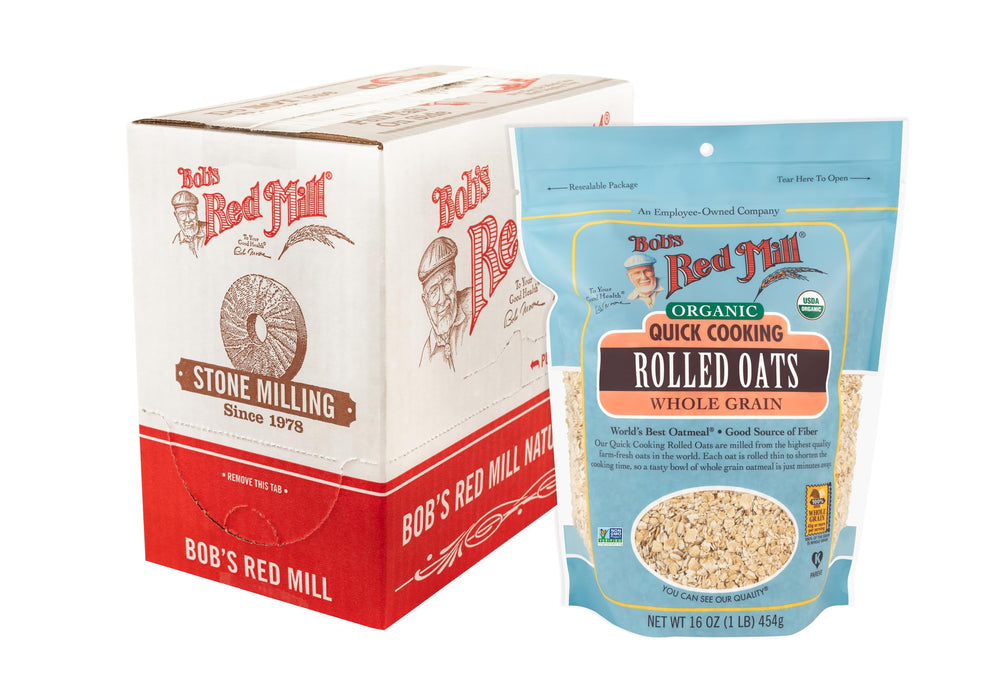 Bob's Red Mill front packaging showing organic quick rolled oats for fast breakfasts