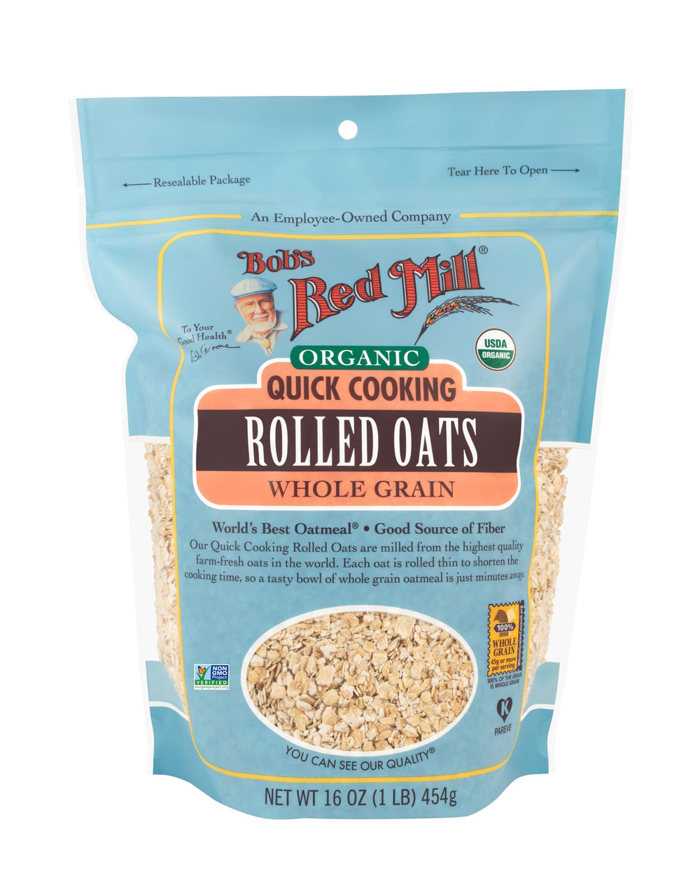 Bob's Red Mill open bag close-up of thin rolled oats texture and quick-cook benefit