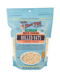 Bob's Red Mill open bag close-up of thin rolled oats texture and quick-cook benefit
