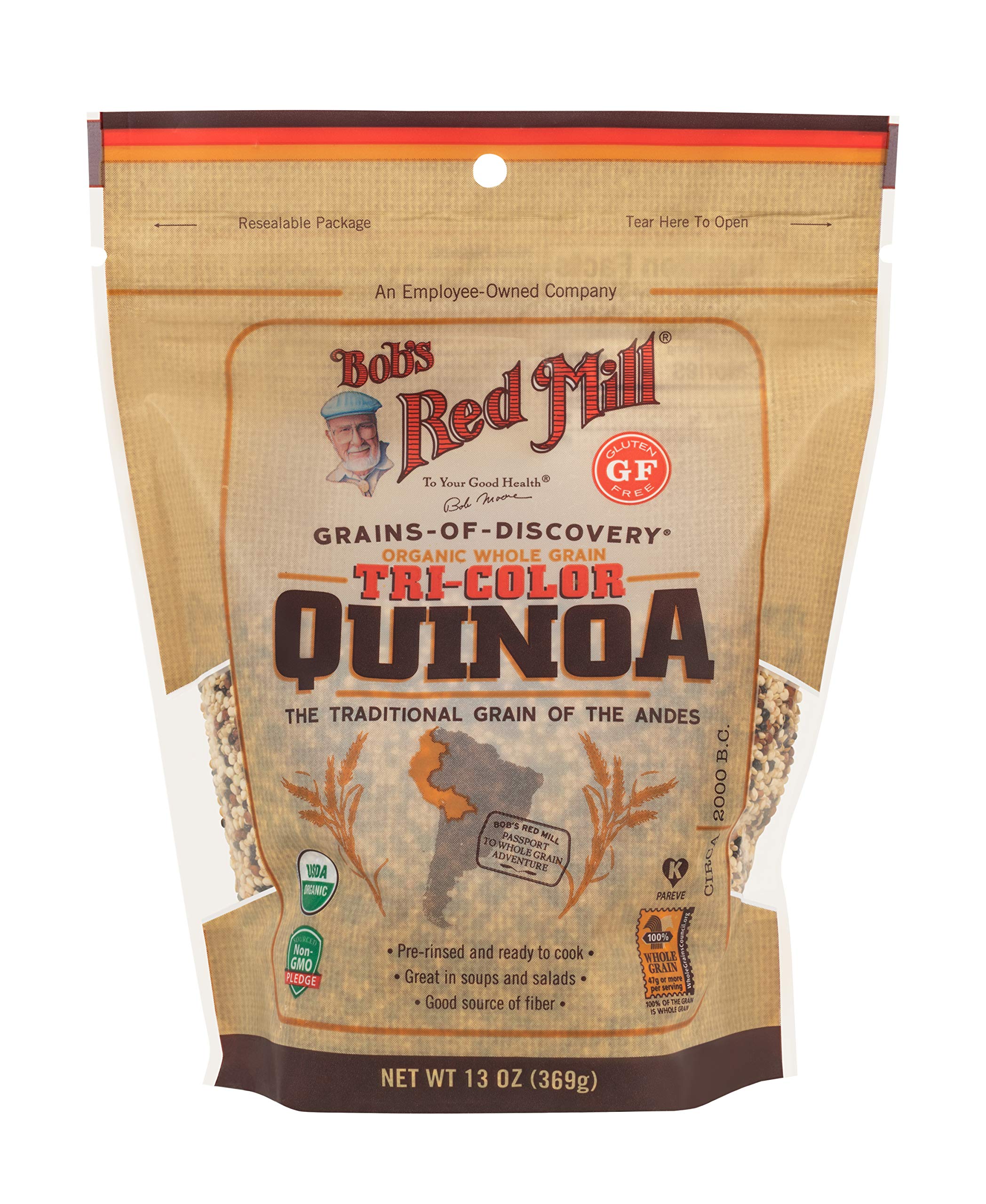 Bob's Red Mill opened bag displaying white, red, and black quinoa mix