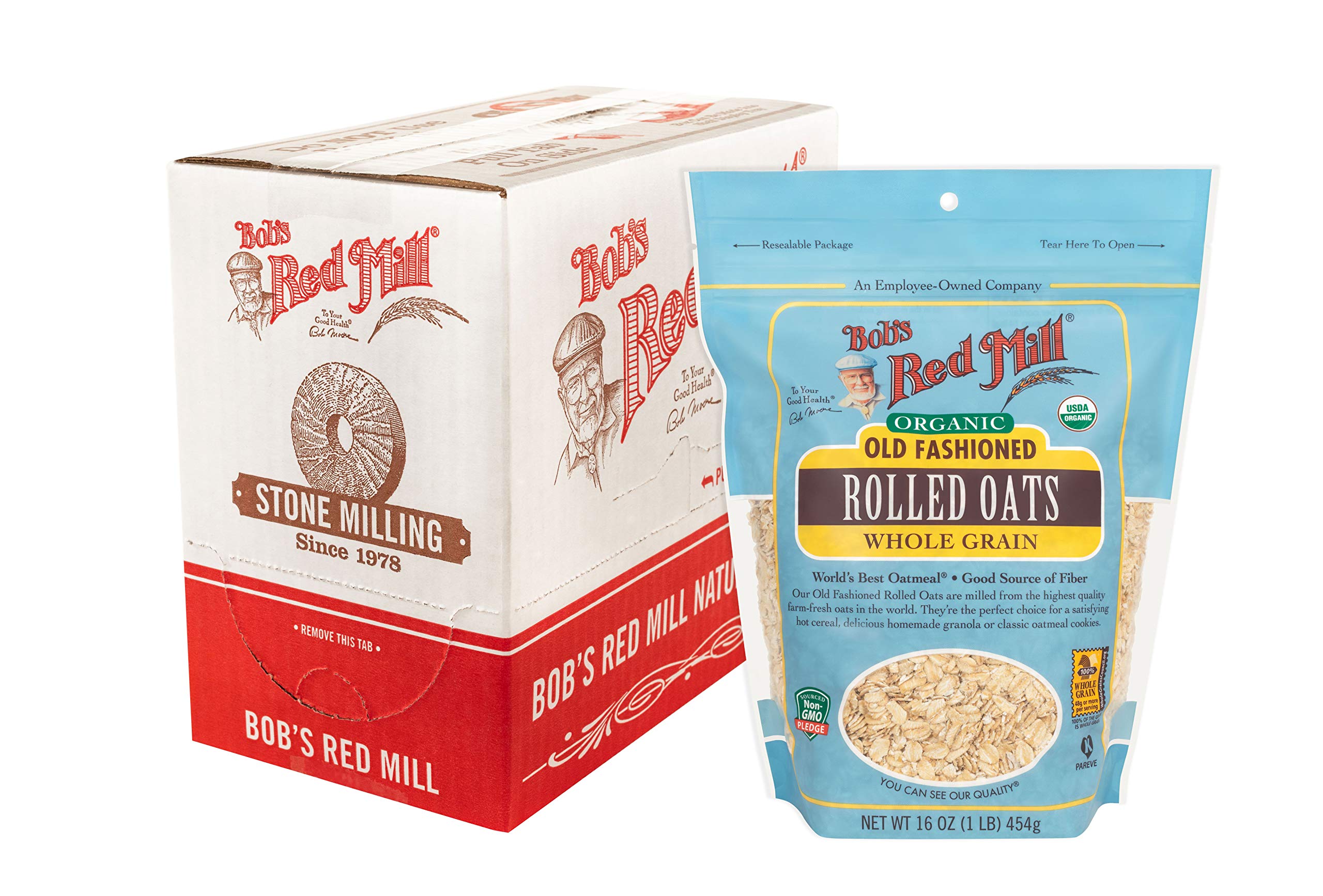 Bob's Red Mill front bag showing organic rolled oats and clear branding, convenient pantry staple