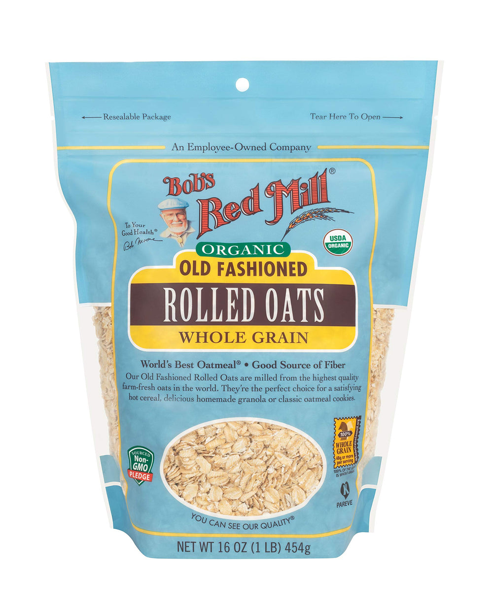 Bob's Red Mill open bag with spoon measuring oats, easy portioning for recipes