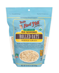 Bob's Red Mill open bag with spoon measuring oats, easy portioning for recipes