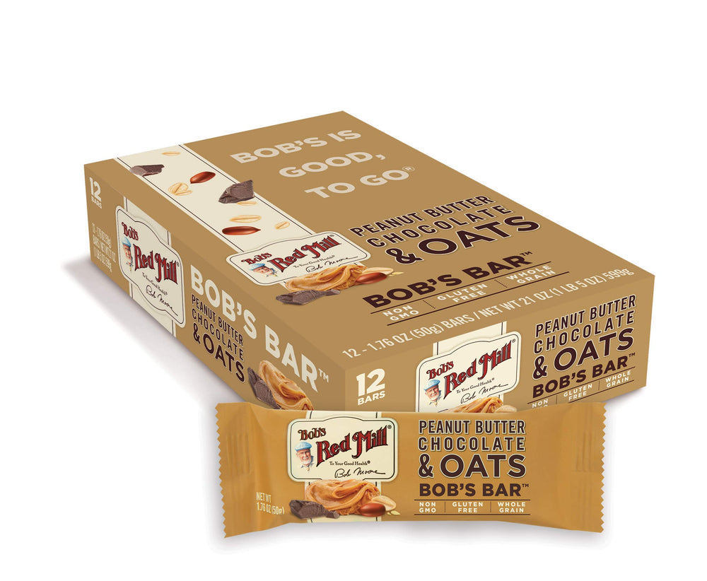 Bob's Red Mill unwrapped bar with visible chocolate bits and tasty appeal