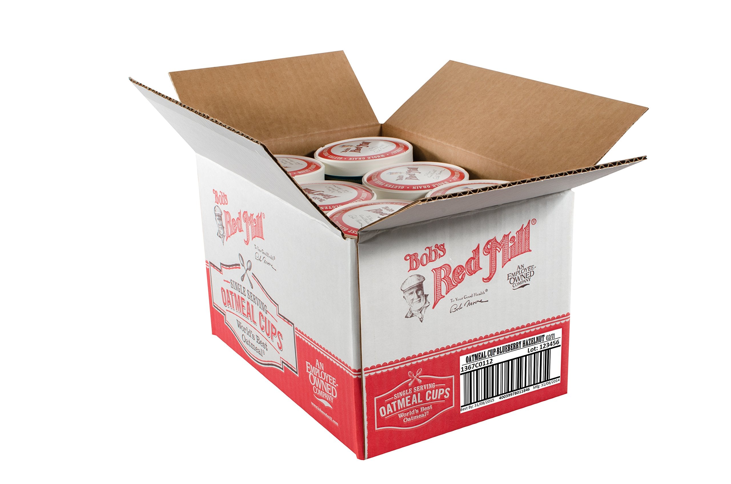 Bob's Red Mill oatmeal cup held next to hand showing single-serve portion