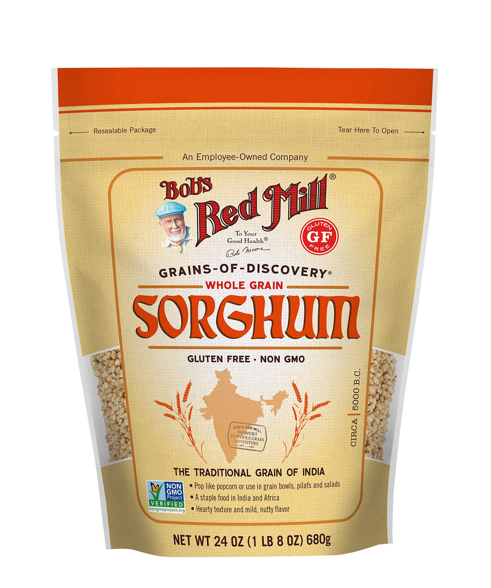 Bob's Red Mill open bag revealing whole sorghum grains, ready for cooking and storage