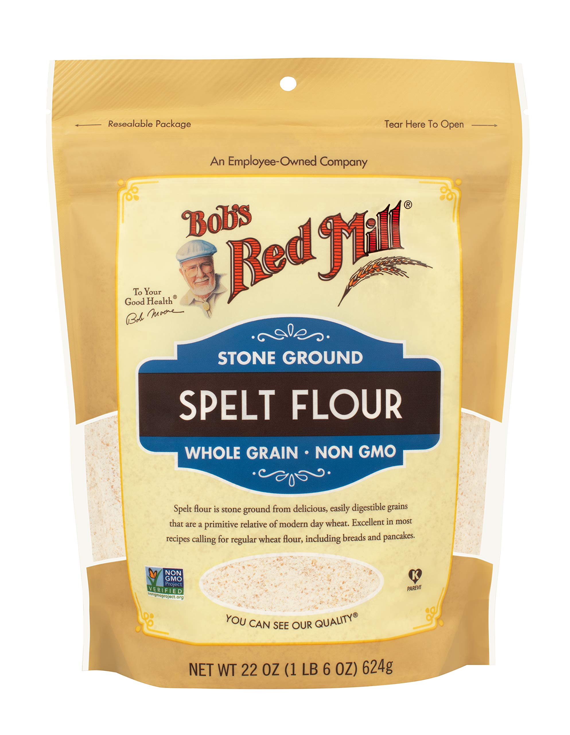 Bob's Red Mill bag label close-up highlighting stone-ground whole-grain quality and origin