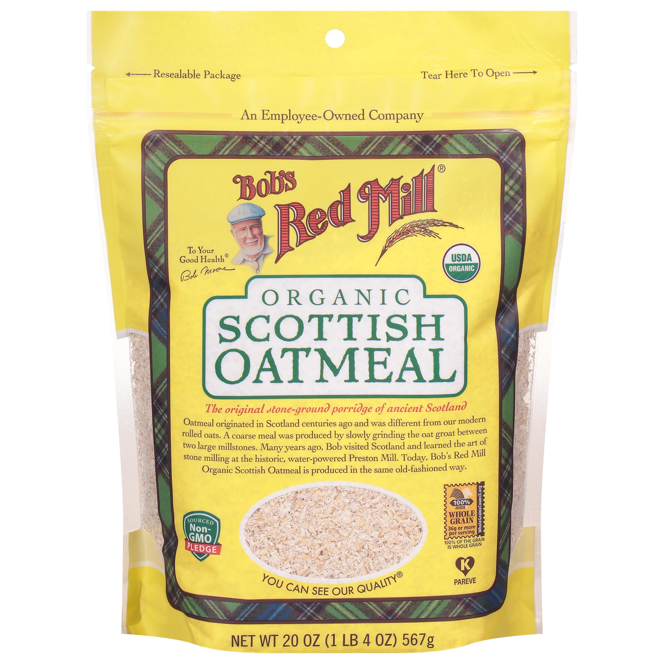 Close-up of stone-ground texture of Bob's Red Mill Scottish oats for creamy porridge