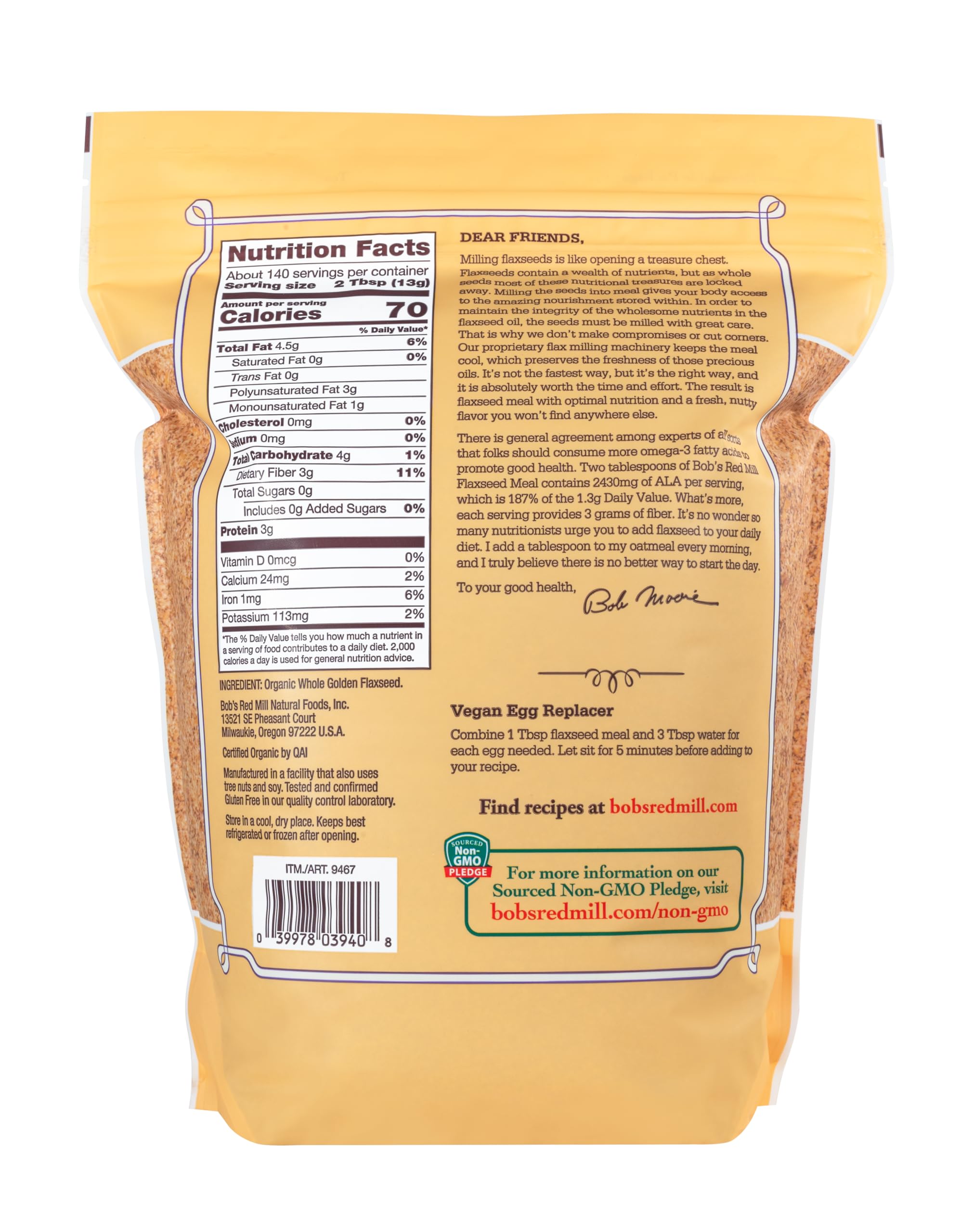 Bob's Red Mill close-up of golden flaxseed meal texture, easy-to-mix consistency