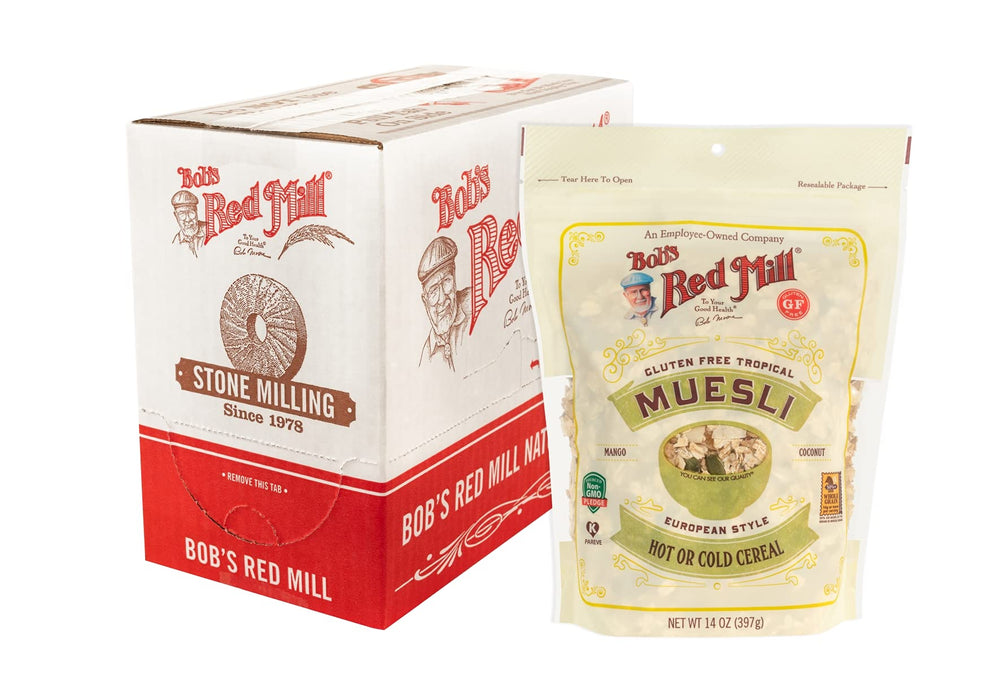 Bob's Red Mill front packaging showing tropical muesli and serving suggestion benefit