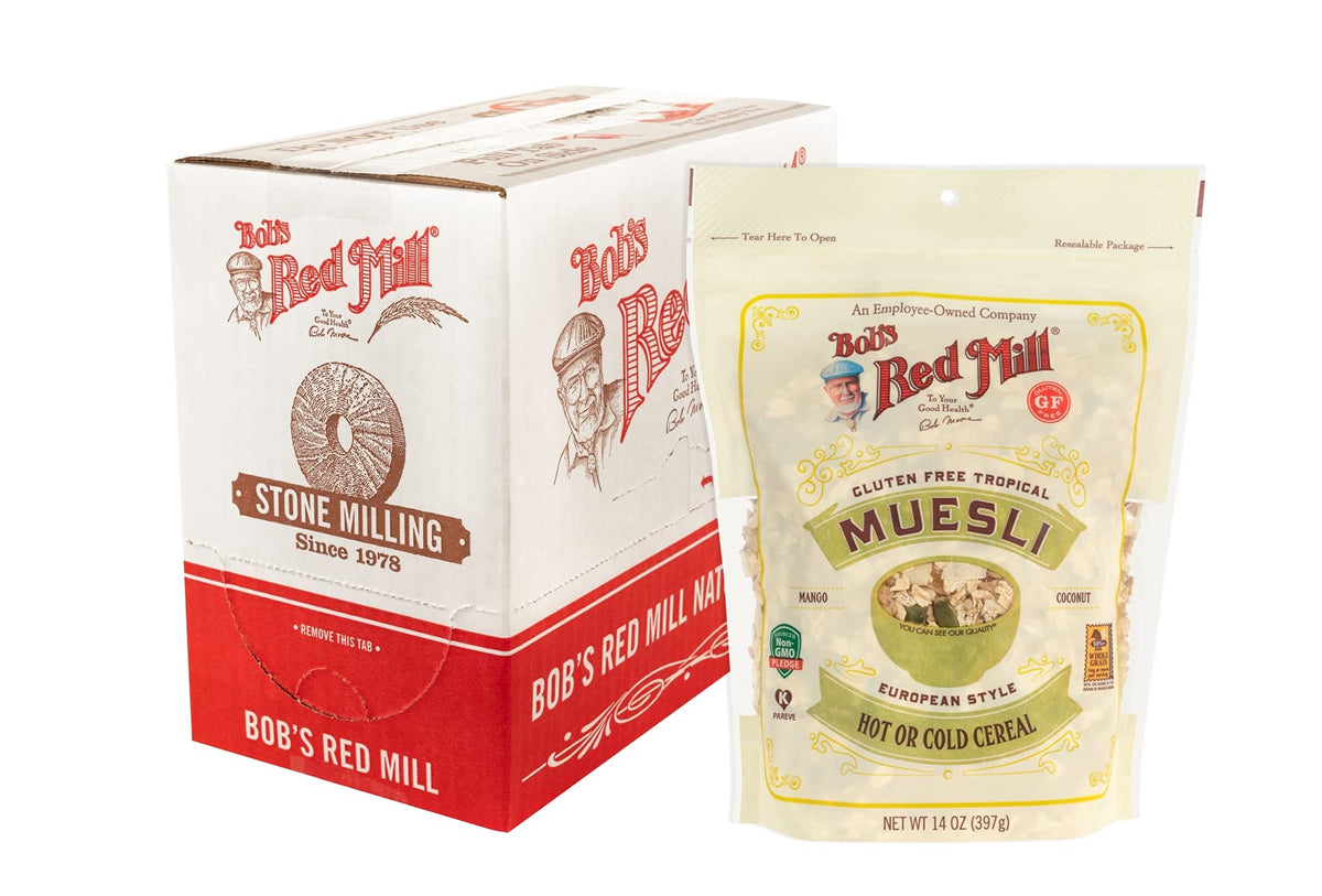 Bob's Red Mill front packaging showing tropical muesli and serving suggestion benefit