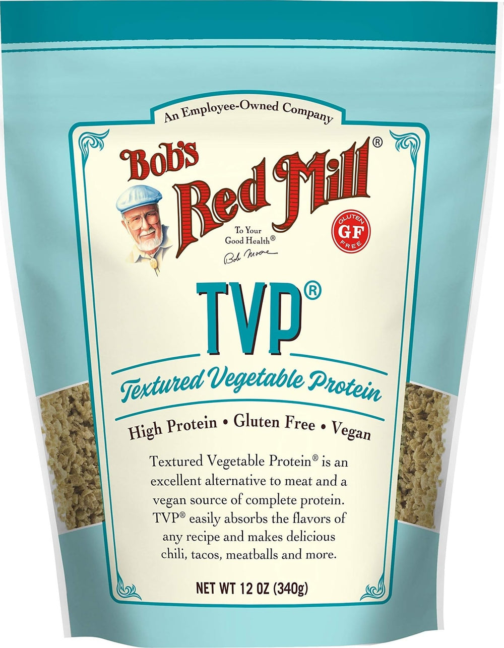 Bob's Red Mill front packaging of TVP showing brand and net weight, convenient supply