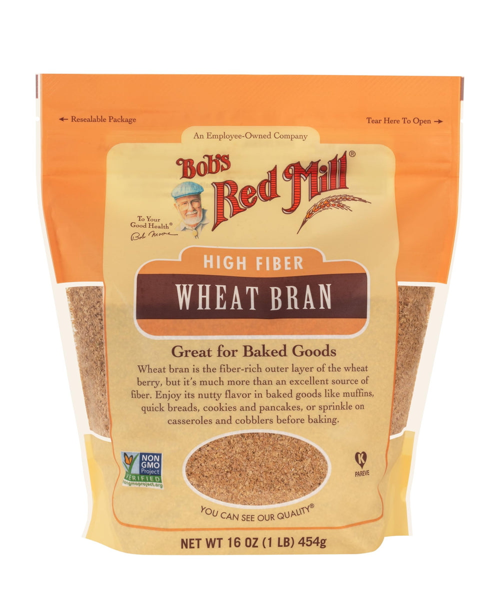 Bob's Red Mill wheat bran coarse texture closeup highlighting baking consistency