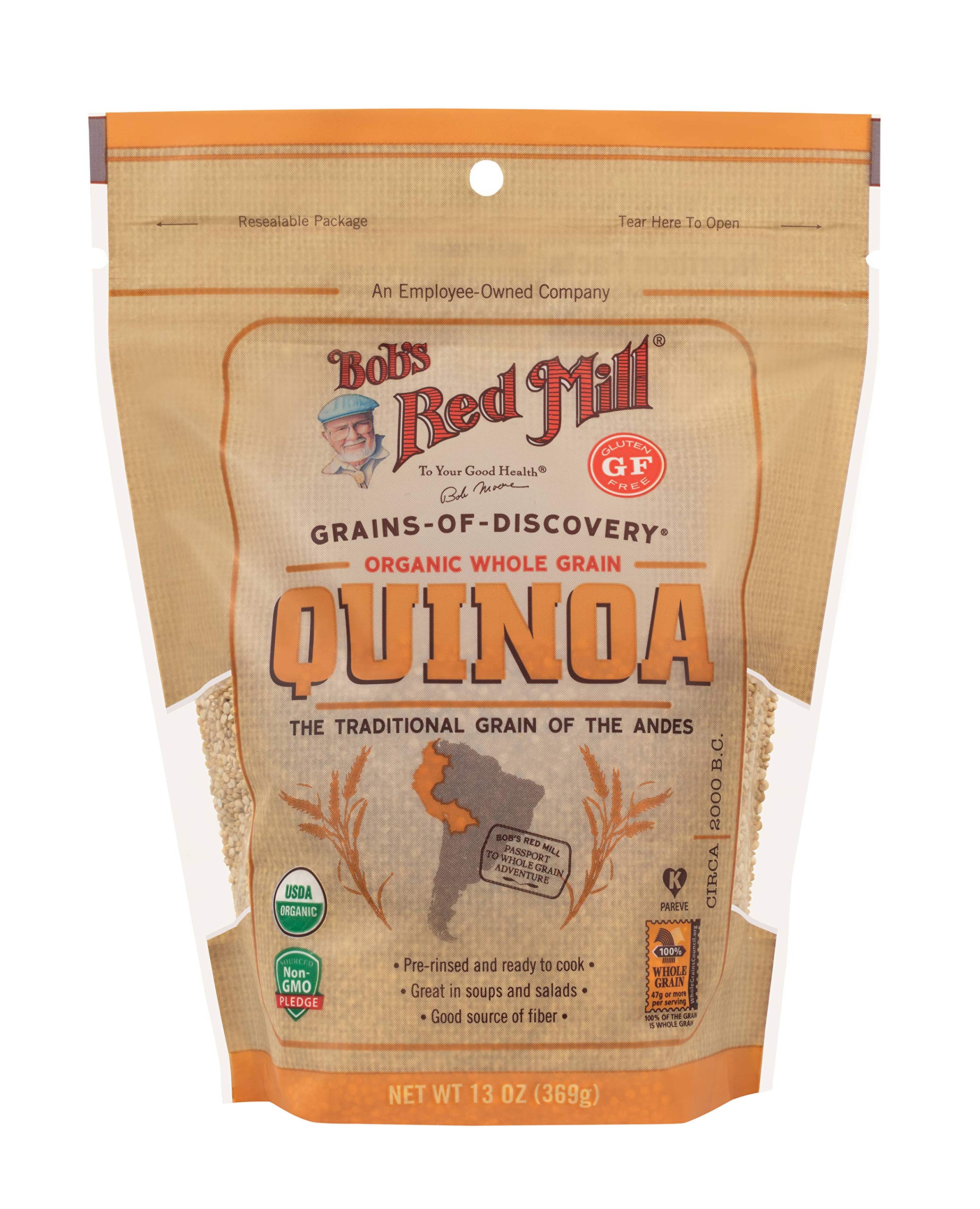 Bob's Red Mill front package of white quinoa showing brand and organic claim, easy pantry storage