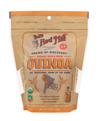 Bob's Red Mill front package of white quinoa showing brand and organic claim, easy pantry storage
