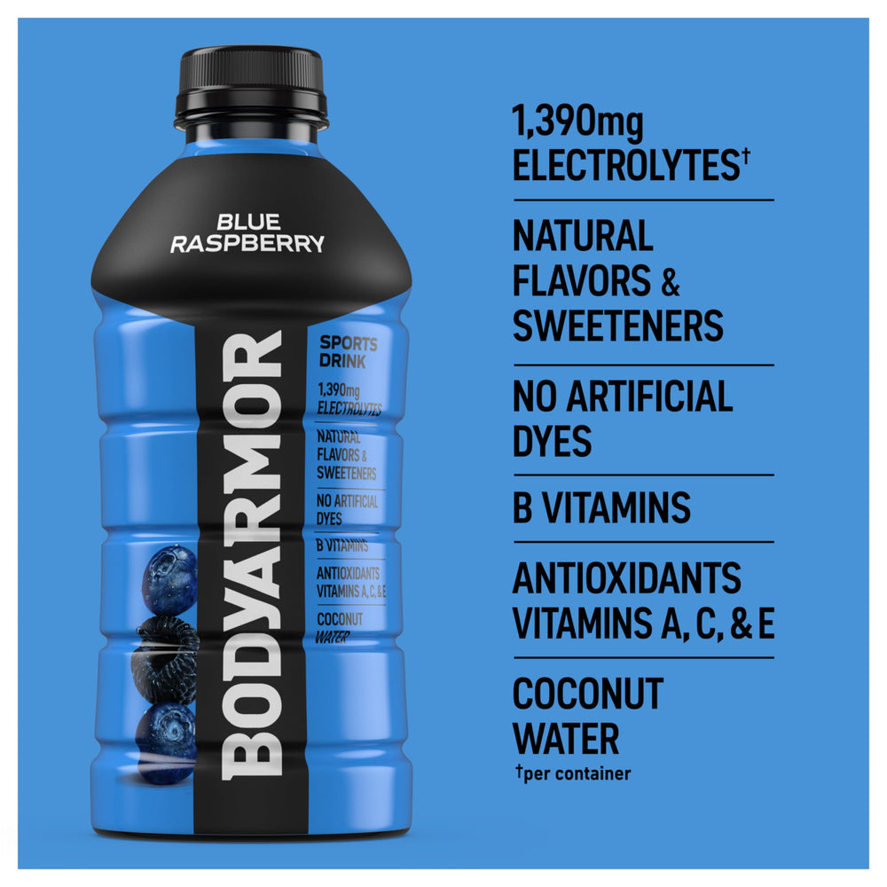 BODYARMOR Blue Raspberry 15-pack boxed presentation for team and bulk use