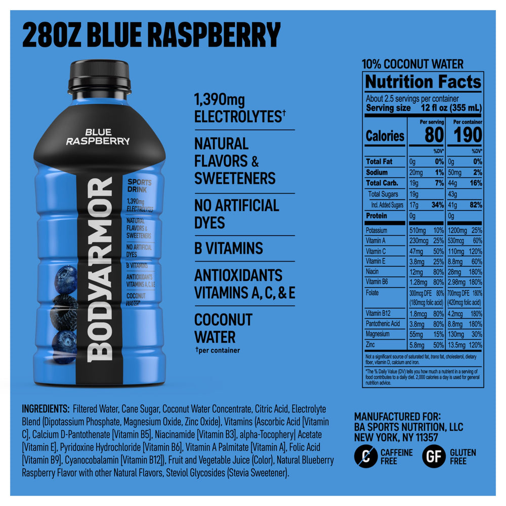 BODYARMOR Blue Raspberry label close-up highlighting ingredients and clean formula