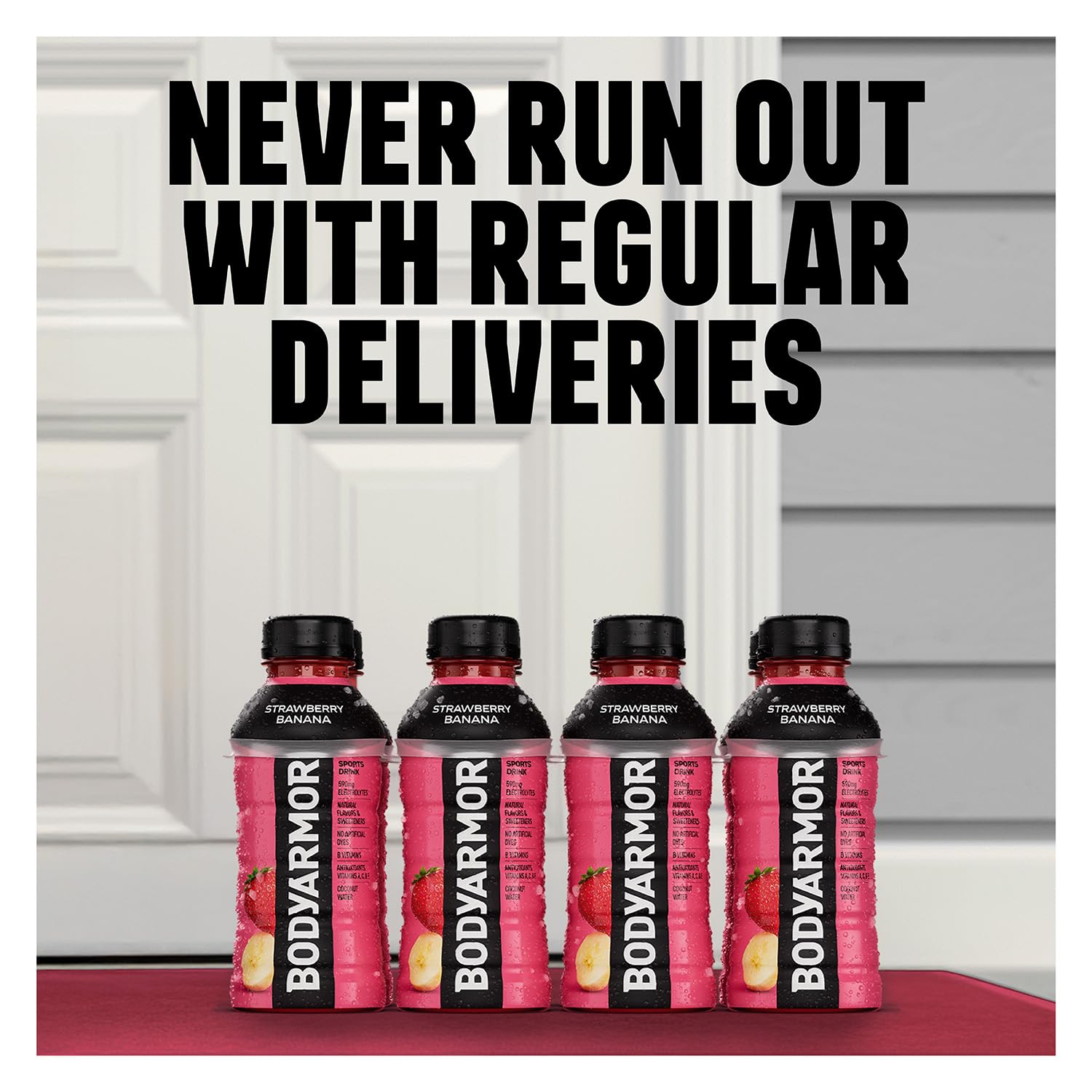 BODYARMOR Blue Raspberry bottle beside sneakers showing convenience for workouts