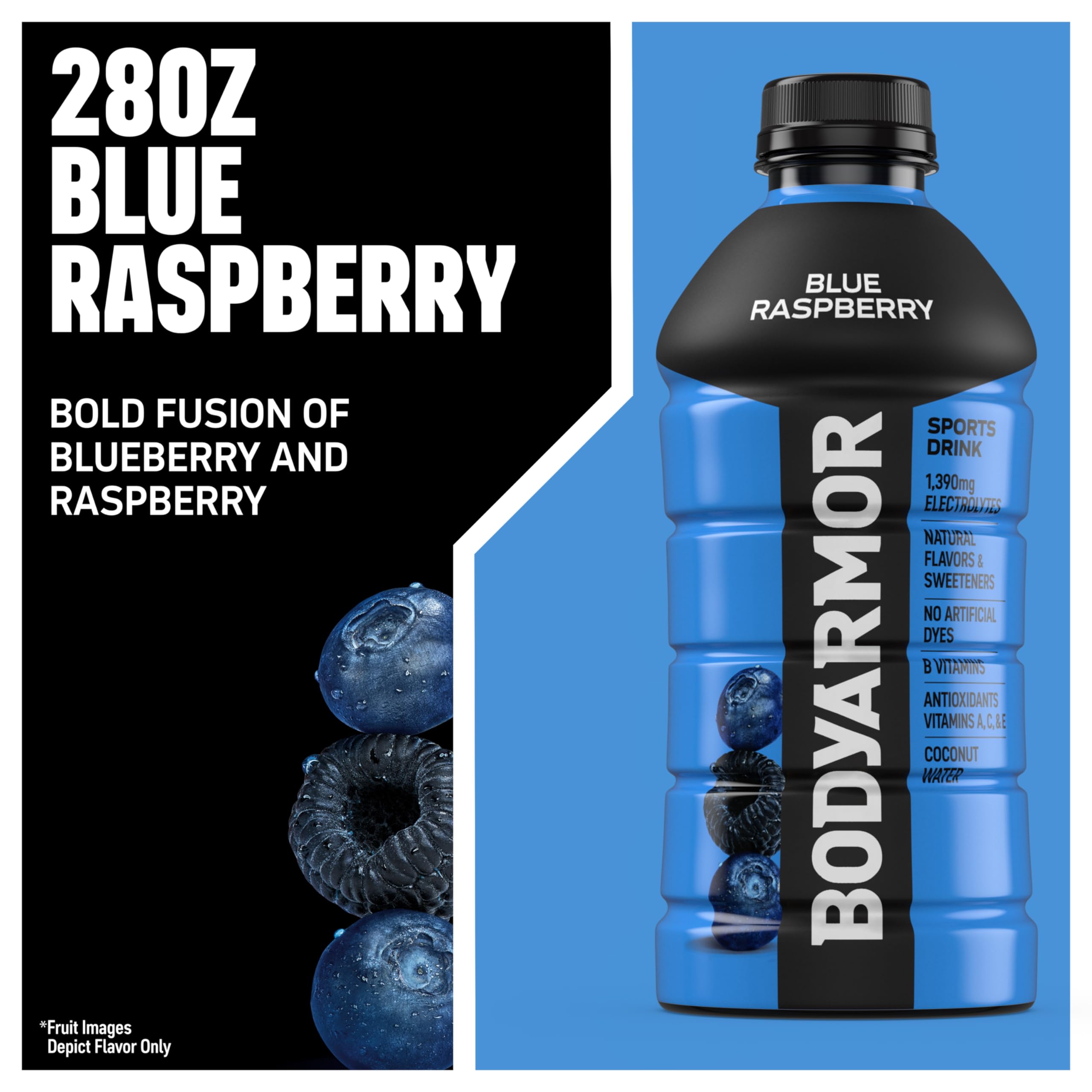 BODYARMOR Blue Raspberry pouring into glass demonstrating refreshing taste and hydration