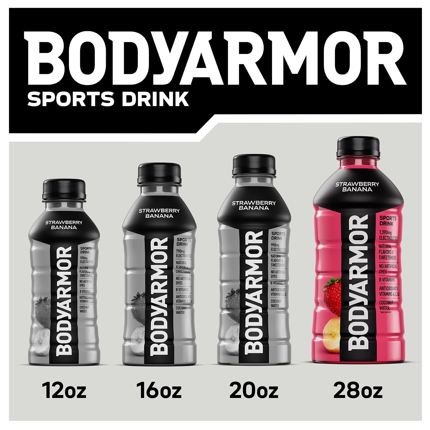 BODYARMOR Blue Raspberry next to measuring bottle to show 28 oz serving size benefit