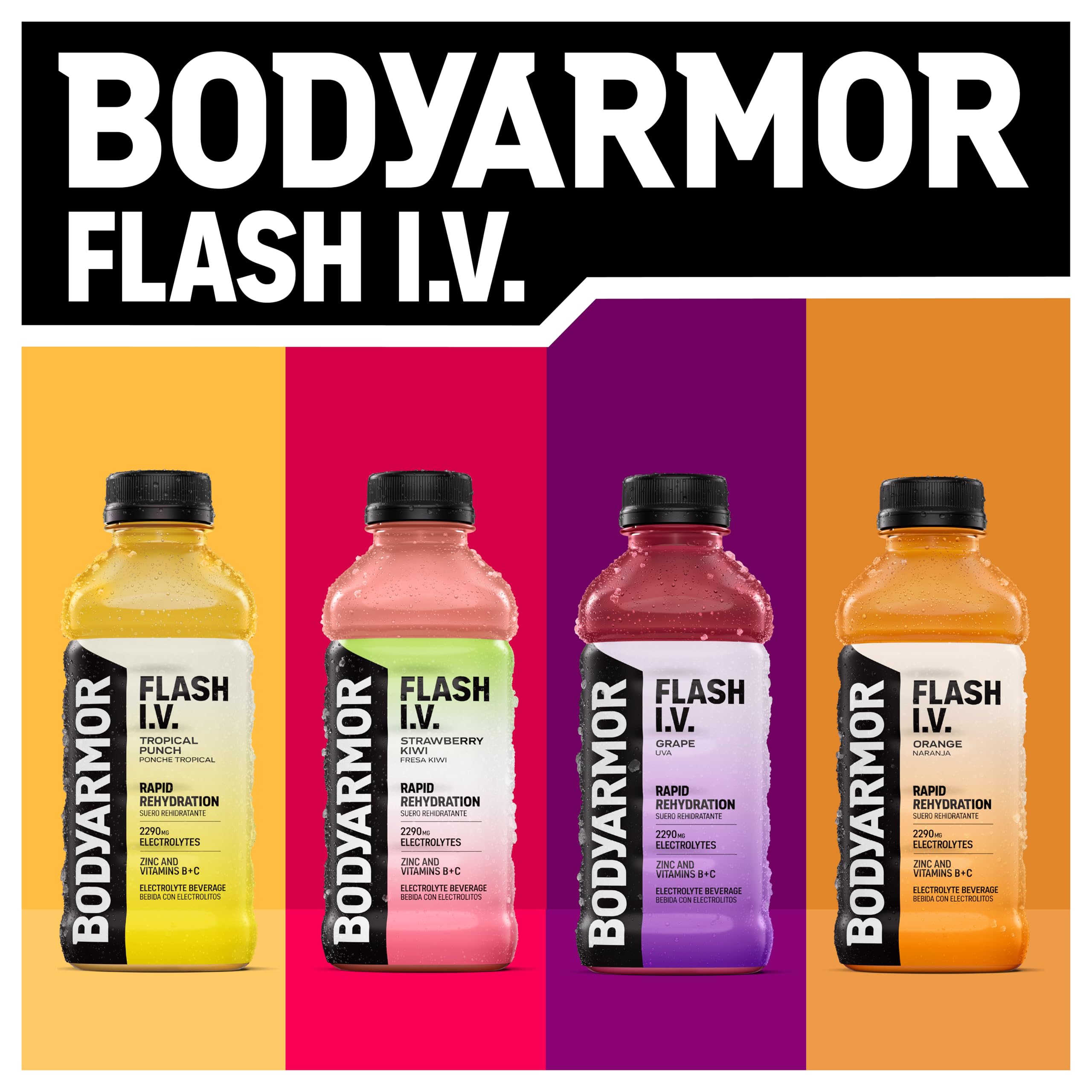 BODYARMOR Flash I.V. twelve-pack stacked for storage demonstrating supply and convenience benefit