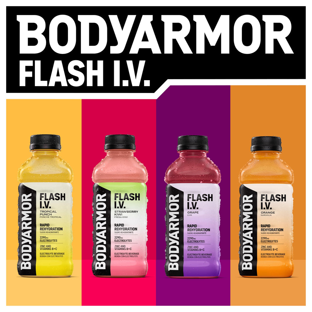 BODYARMOR Flash I.V. twelve-pack stacked for storage demonstrating supply and convenience benefit
