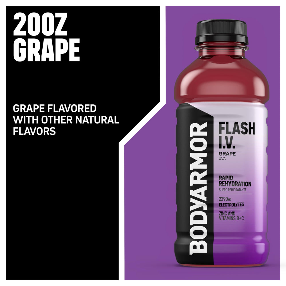 BODYARMOR Flash I.V. grape pouring into a cup to show color and hydration benefit