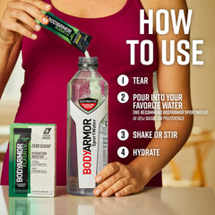 BODYARMOR Flash IV powder pouring into water showing fast dissolution and clear hydration