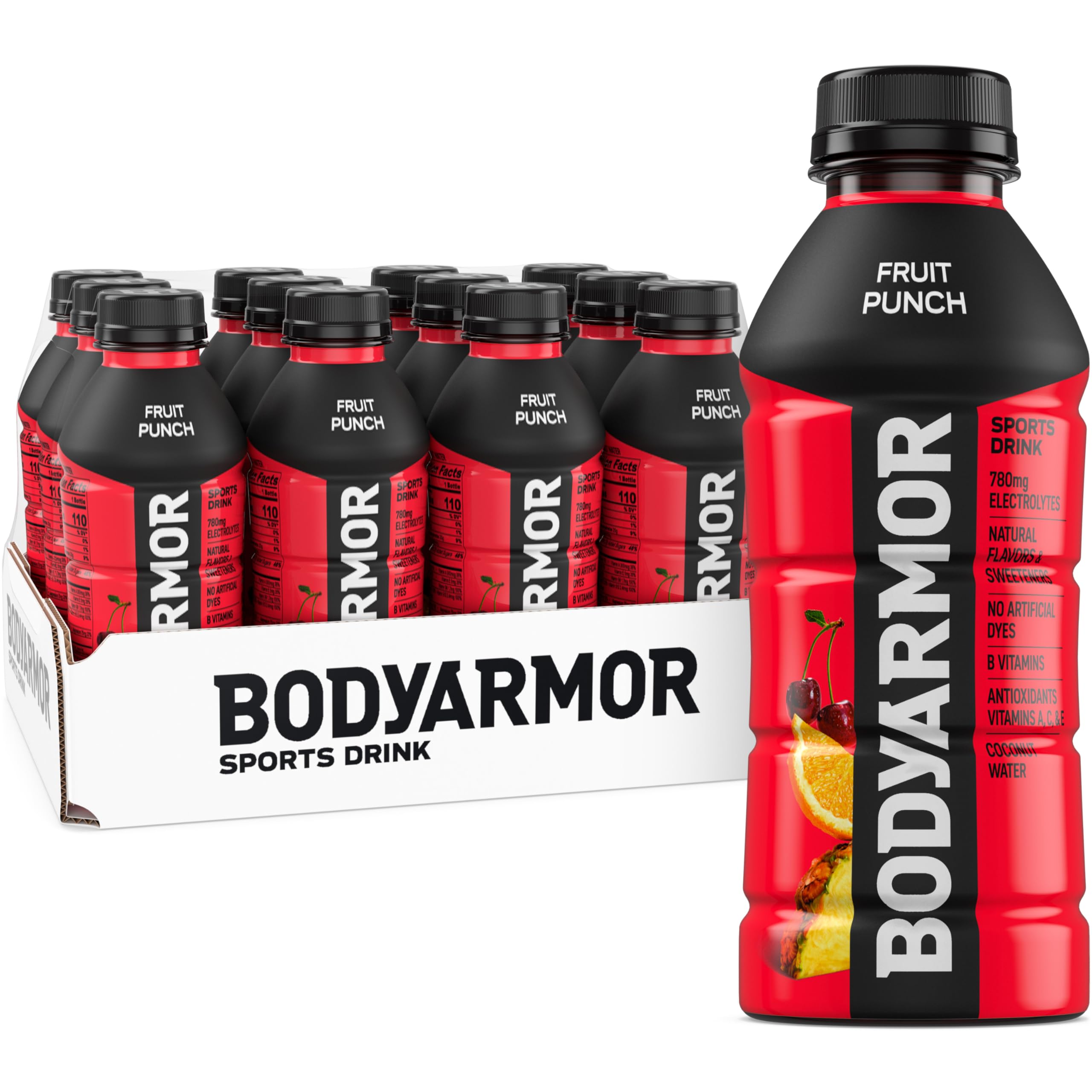 BODYARMOR front packaging showing 12-pack and convenient grab-and-go hydration