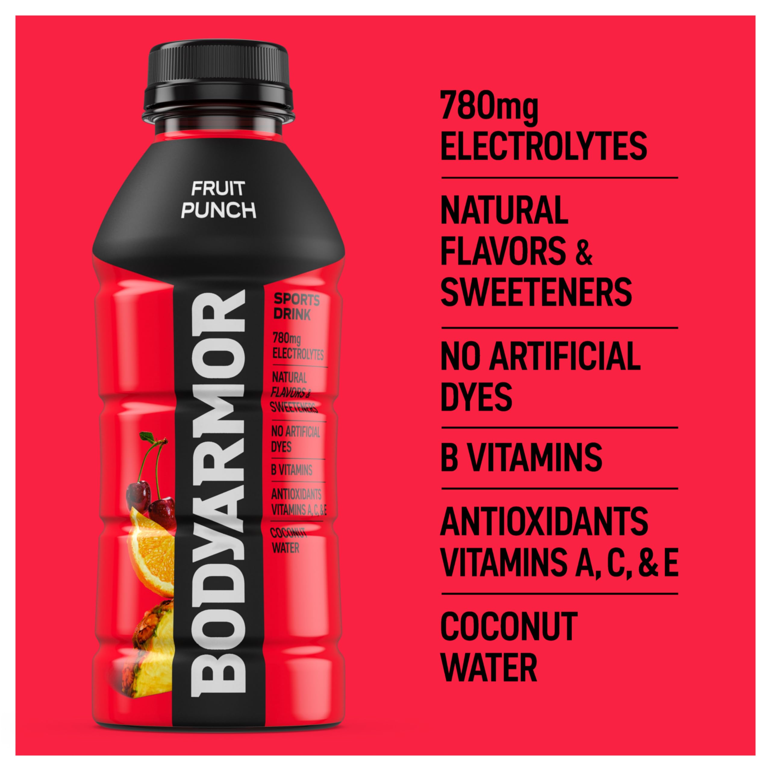 BODYARMOR single bottle side label highlighting natural flavors and coconut water