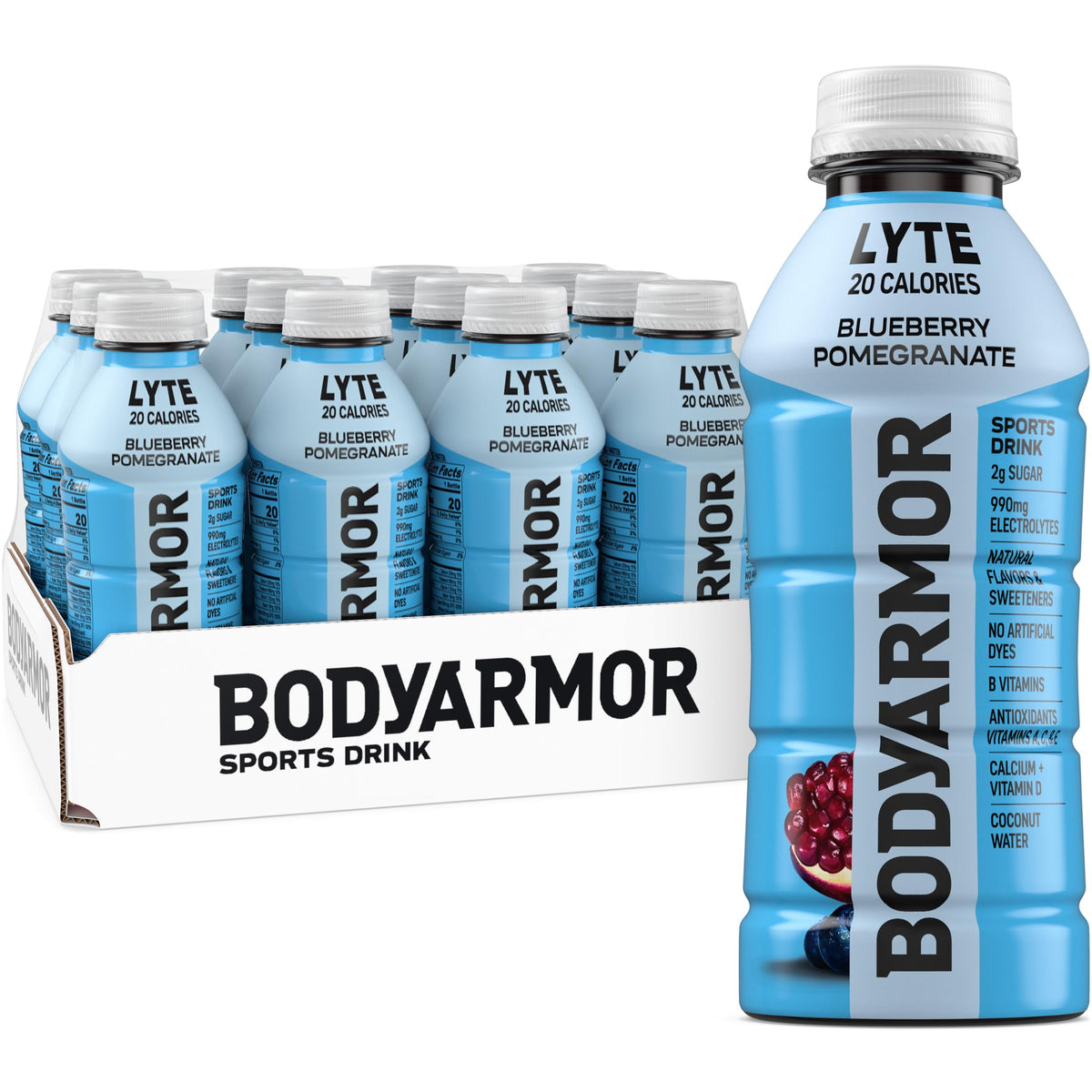 BODYARMOR bottle front packaging showing blueberry pomegranate and low-calorie benefit