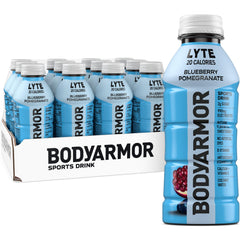 BODYARMOR bottle front packaging showing blueberry pomegranate and low-calorie benefit