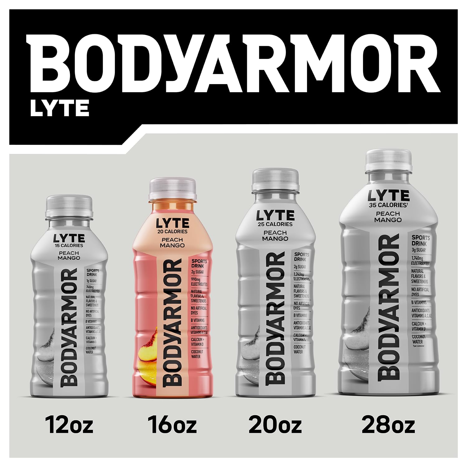 BODYARMOR bottle beside water bottle showing 16 oz serving size clarity benefit