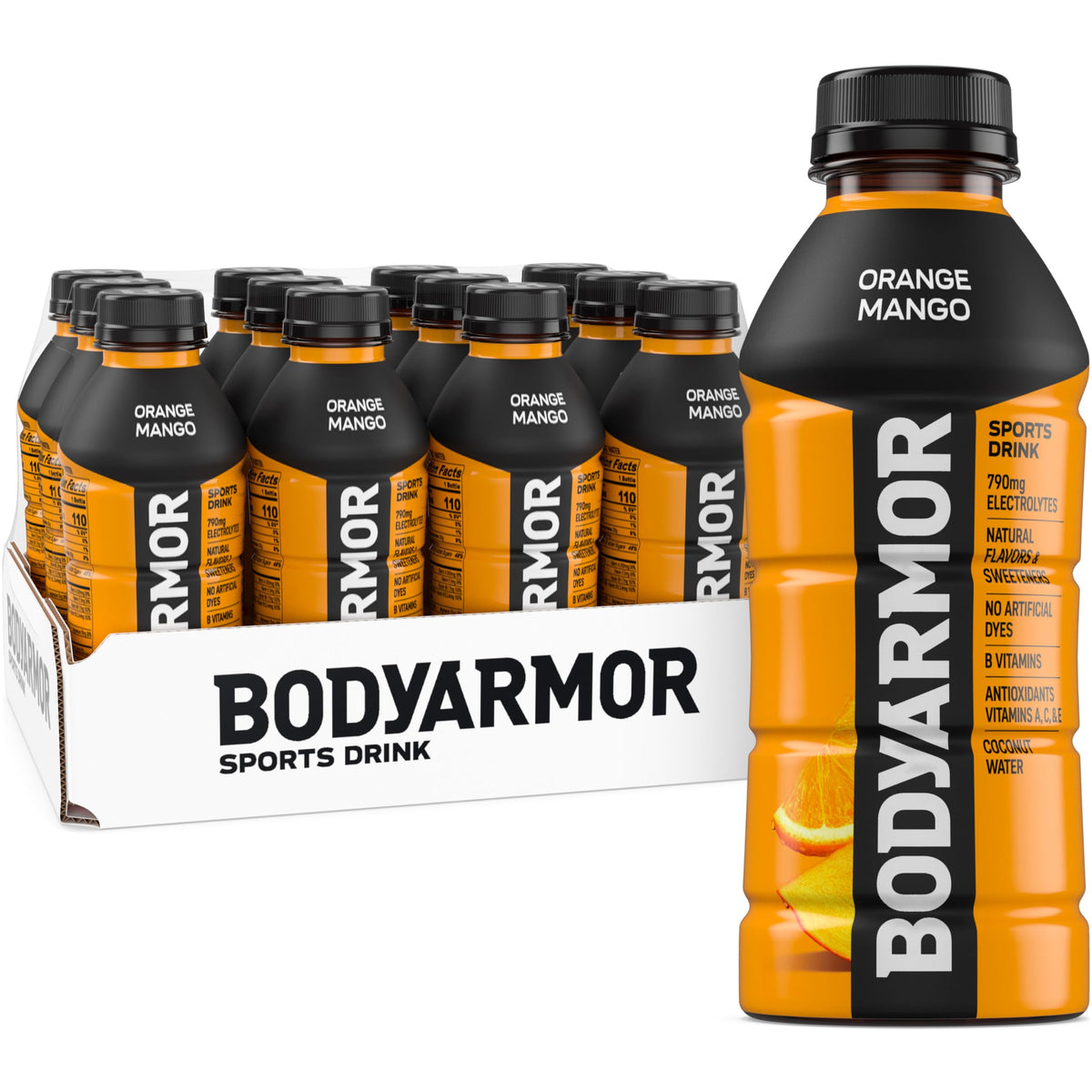 BODYARMOR front packaging showing orange mango flavor and 12-pack convenience