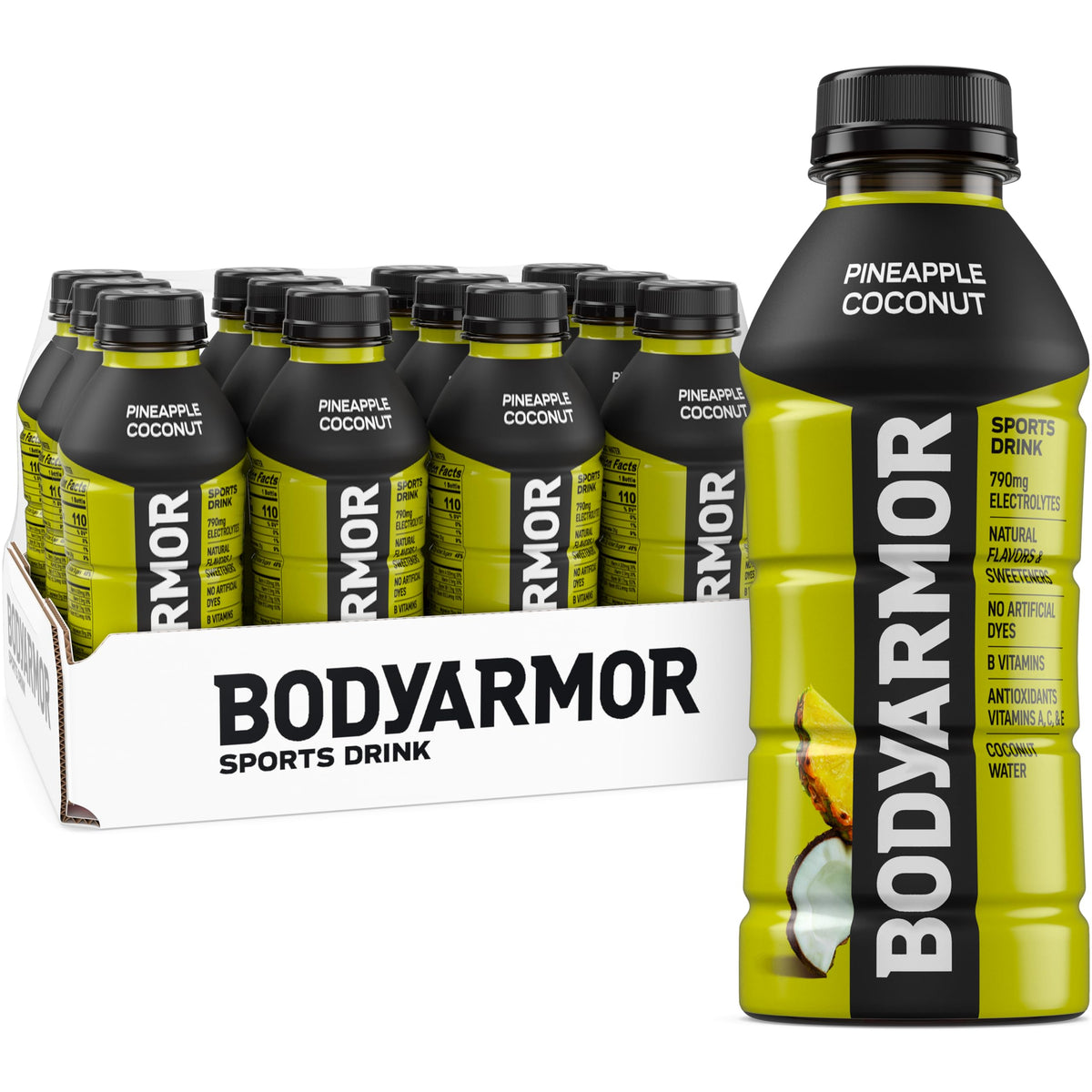 BODYARMOR bottle front packaging showing pineapple coconut flavor and clear benefits