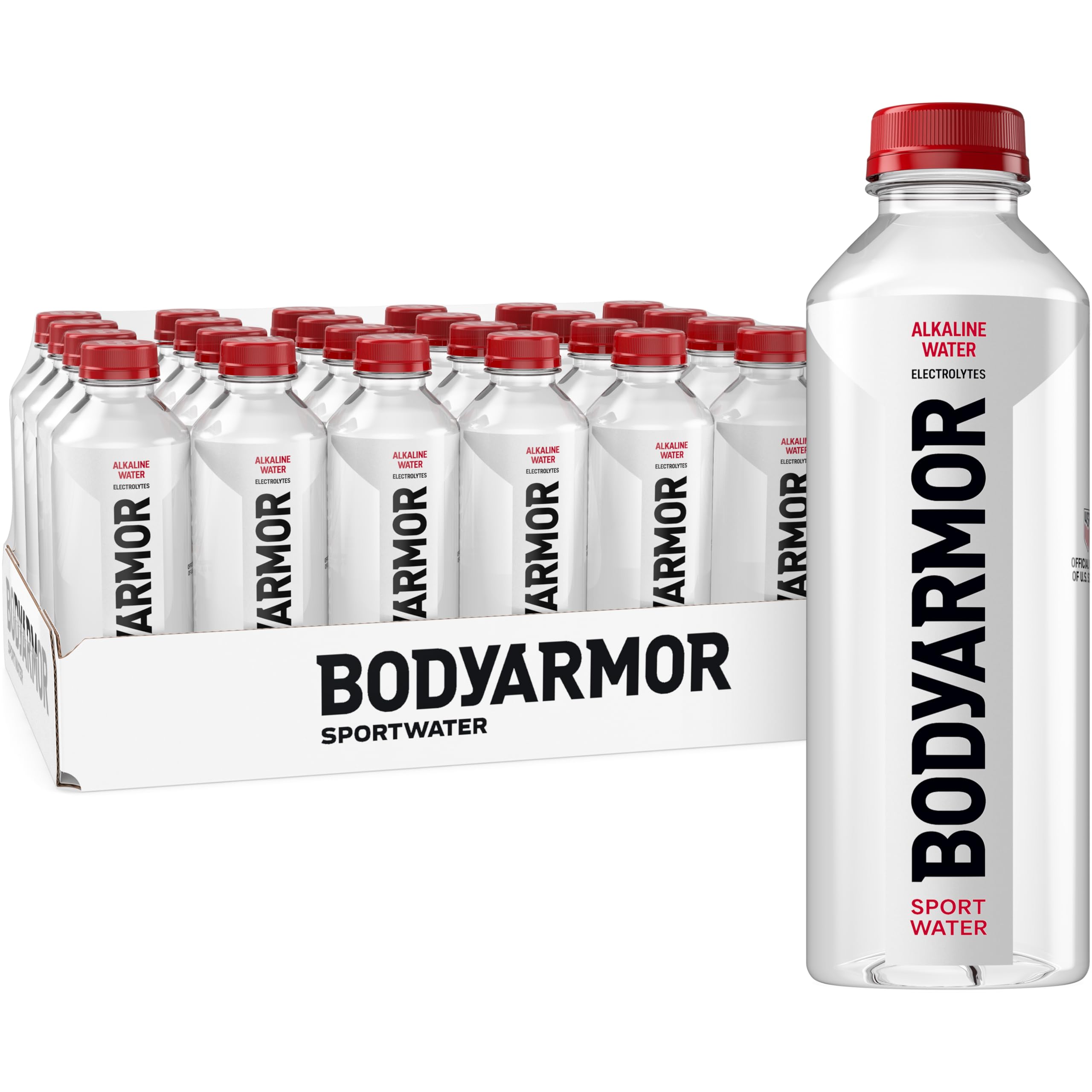 BODYARMOR front bottle view showing clear high-alkaline water benefits