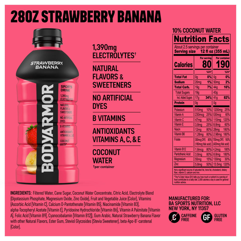 BODYARMOR bottle close-up label highlighting coconut water and electrolyte benefit