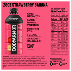 BODYARMOR bottle close-up label highlighting coconut water and electrolyte benefit