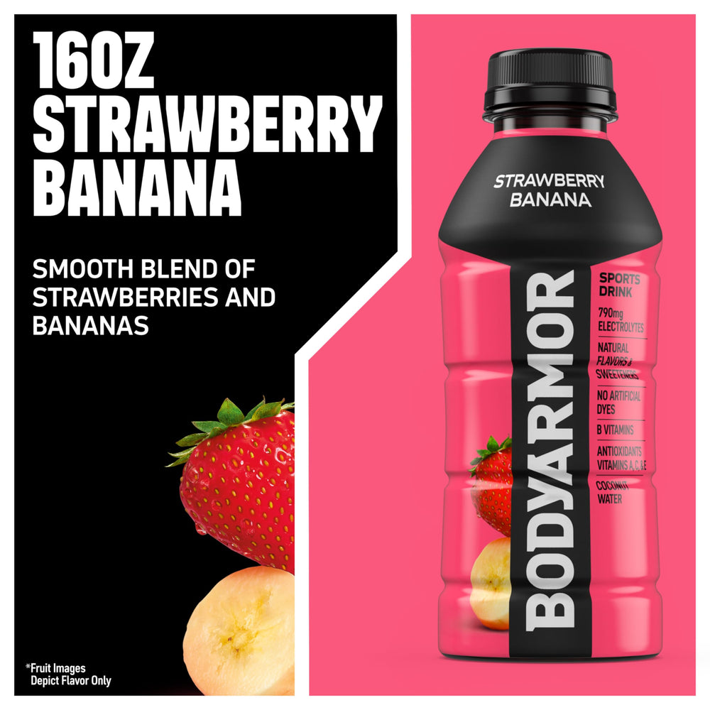 BODYARMOR bottle next to strawberries and banana demonstrating natural flavor