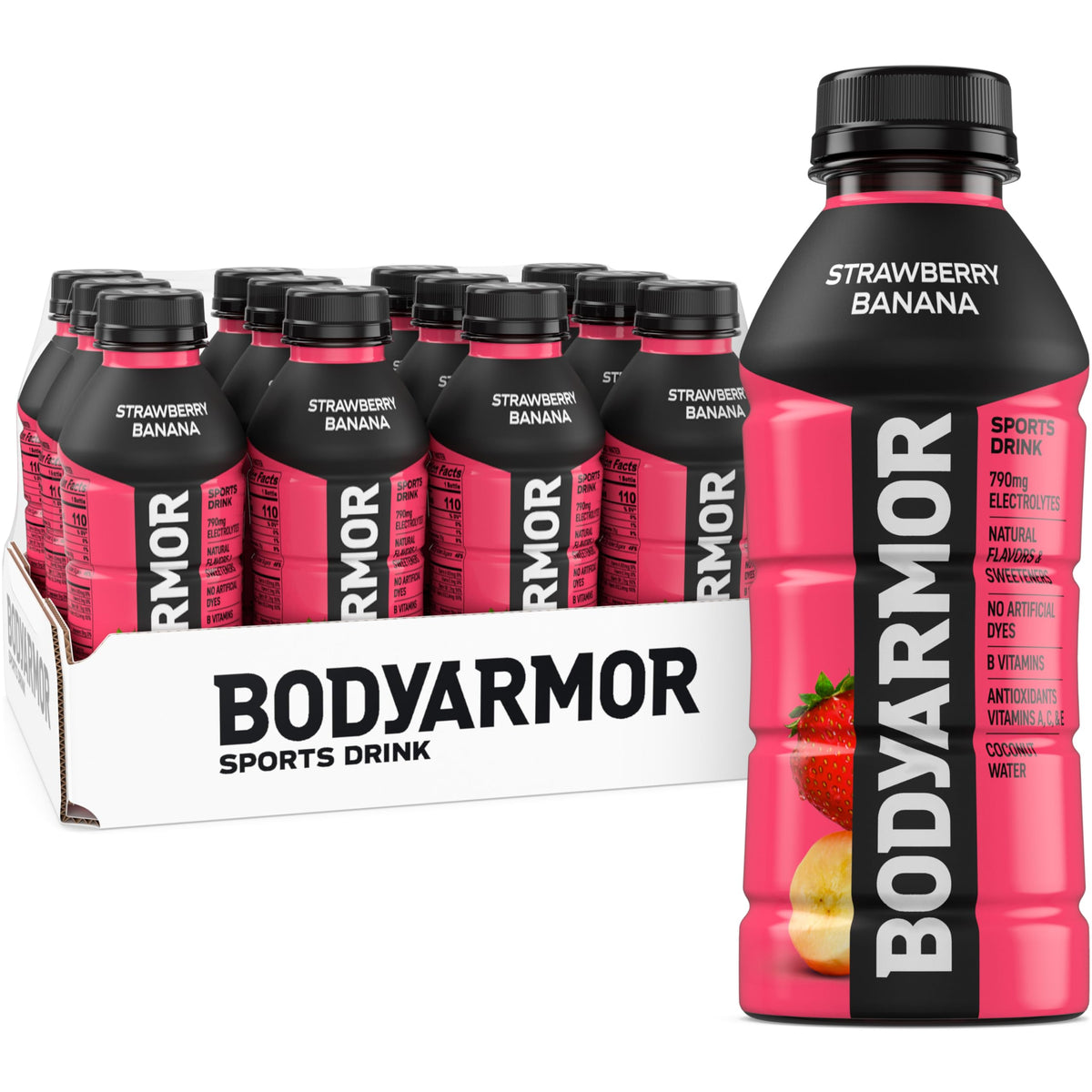 BODYARMOR front packaging showing 12-pack and strawberry banana flavor benefits