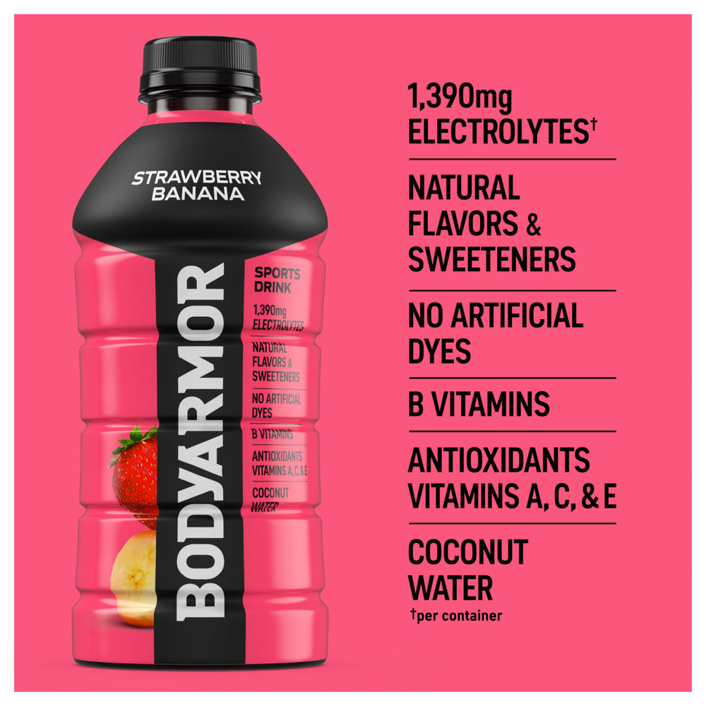 Hand holding 28 oz BODYARMOR bottle showing size and long-session hydration benefit
