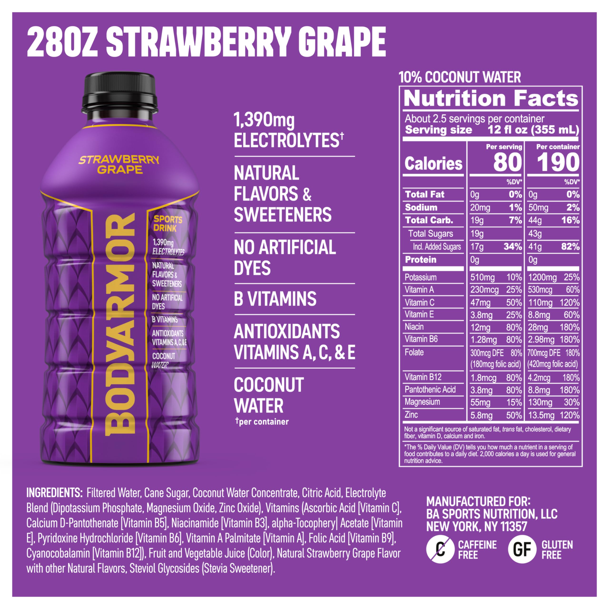 BODYARMOR back label nutrition panel with ingredients and electrolyte details for informed choices