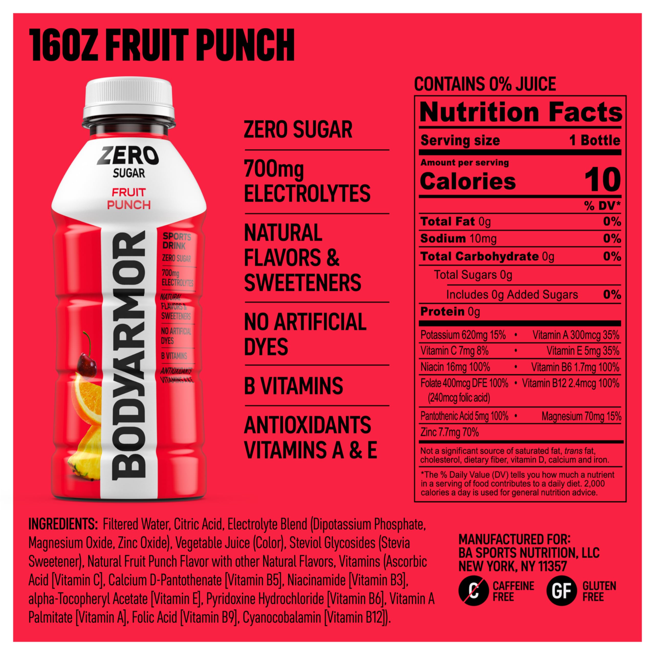 BODYARMOR Zero Fruit Punch close-up label highlighting zero sugar and natural flavor benefit for cleaner choice