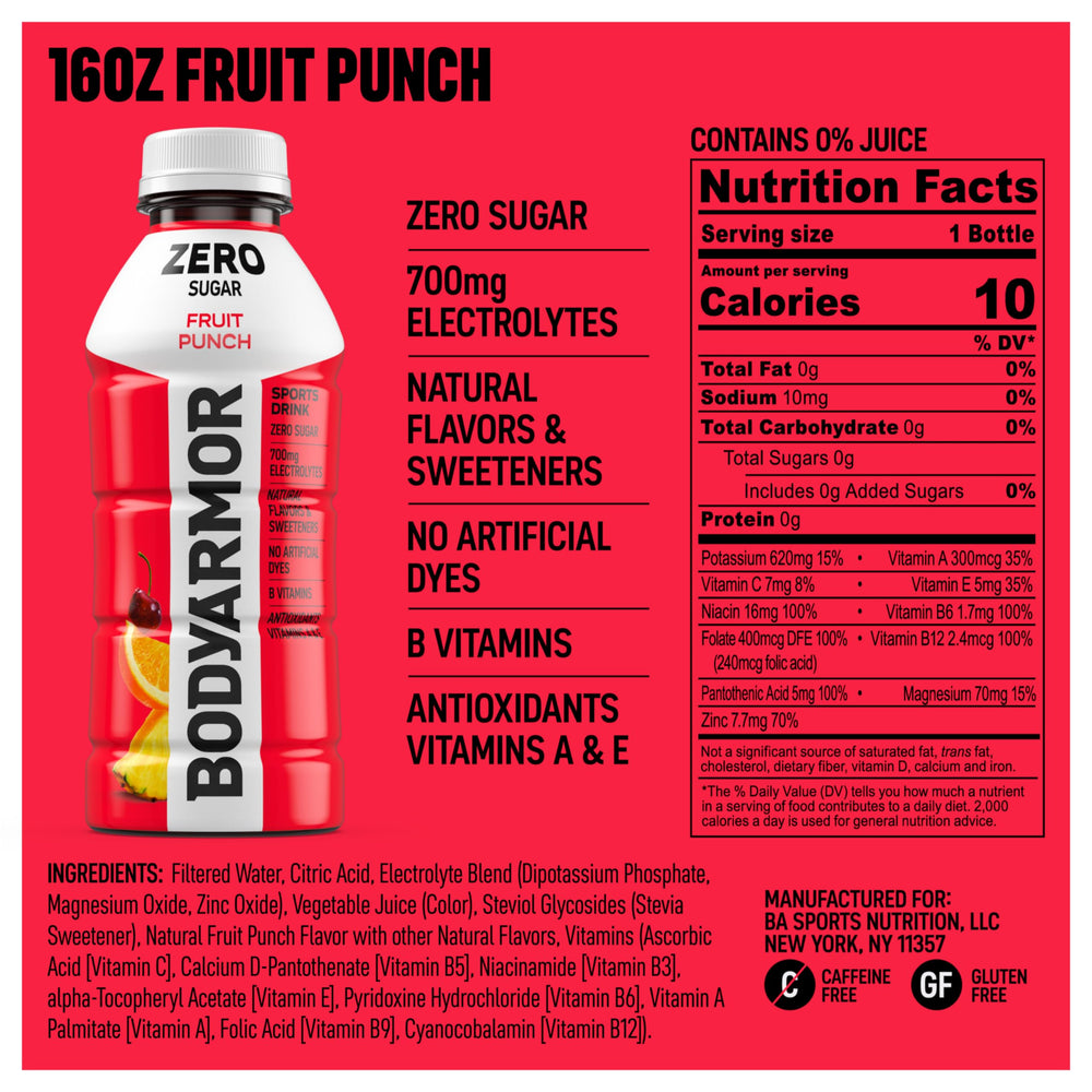 BODYARMOR Zero Fruit Punch close-up label highlighting zero sugar and natural flavor benefit for cleaner choice