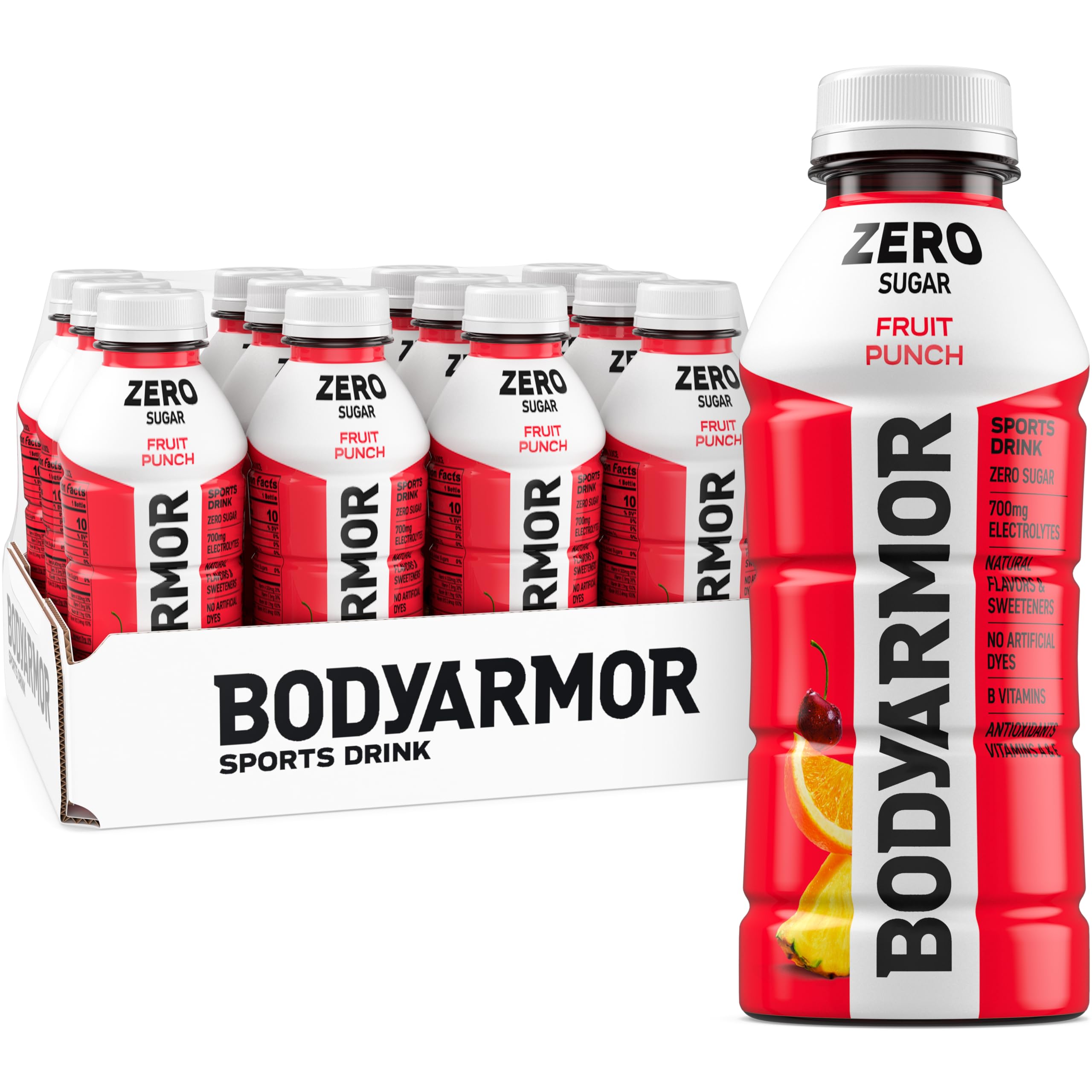 BODYARMOR Zero Fruit Punch front packaging showing bold label and 16 oz bottle benefit: easy grab-and-go hydration