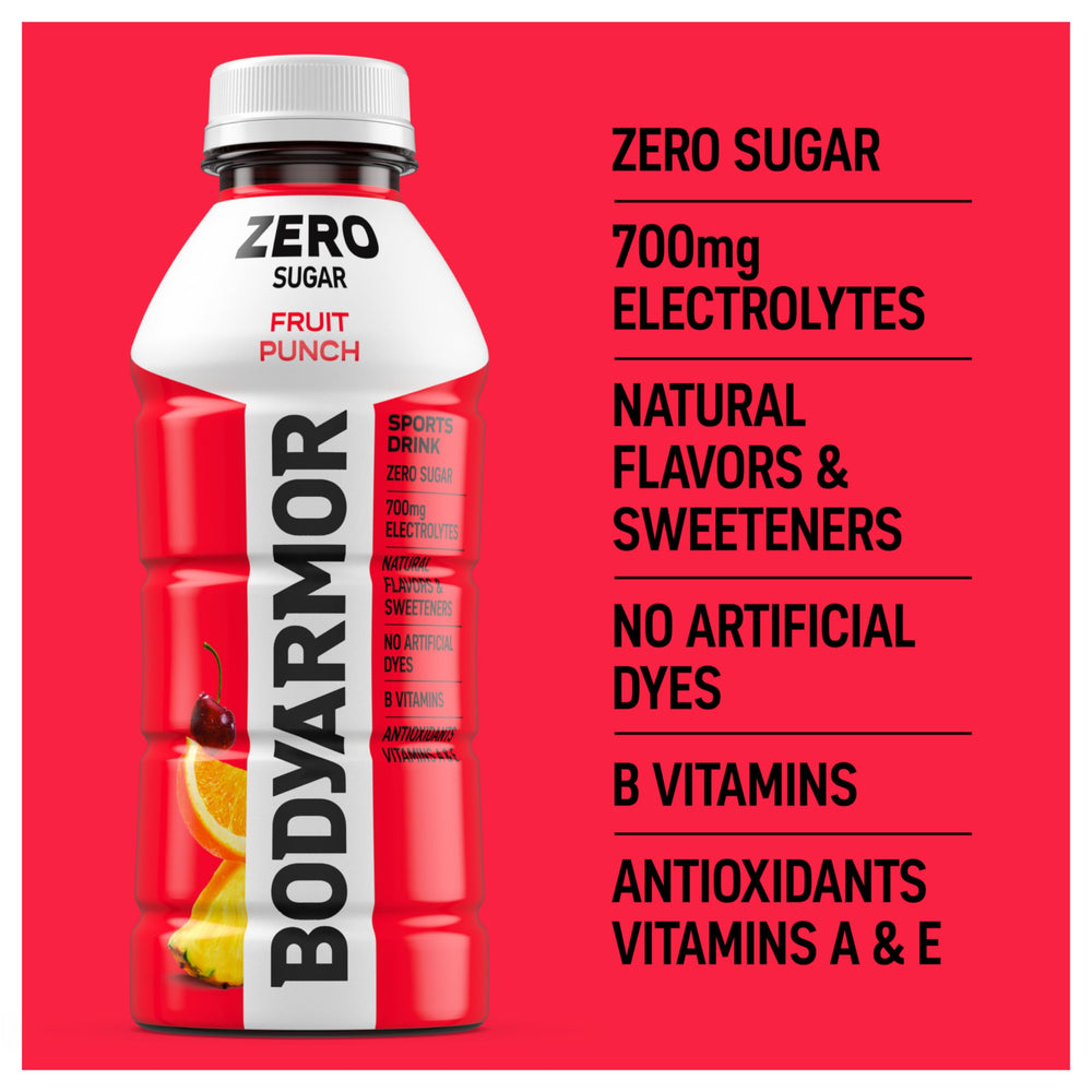 Nutrition panel and ingredient detail on BODYARMOR Zero Fruit Punch bottle showing electrolytes and B vitamin benefit