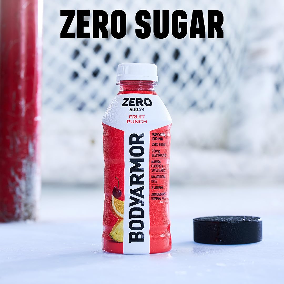 12-pack of BODYARMOR Zero Fruit Punch bottles in box showing quantity and convenience benefit for teams