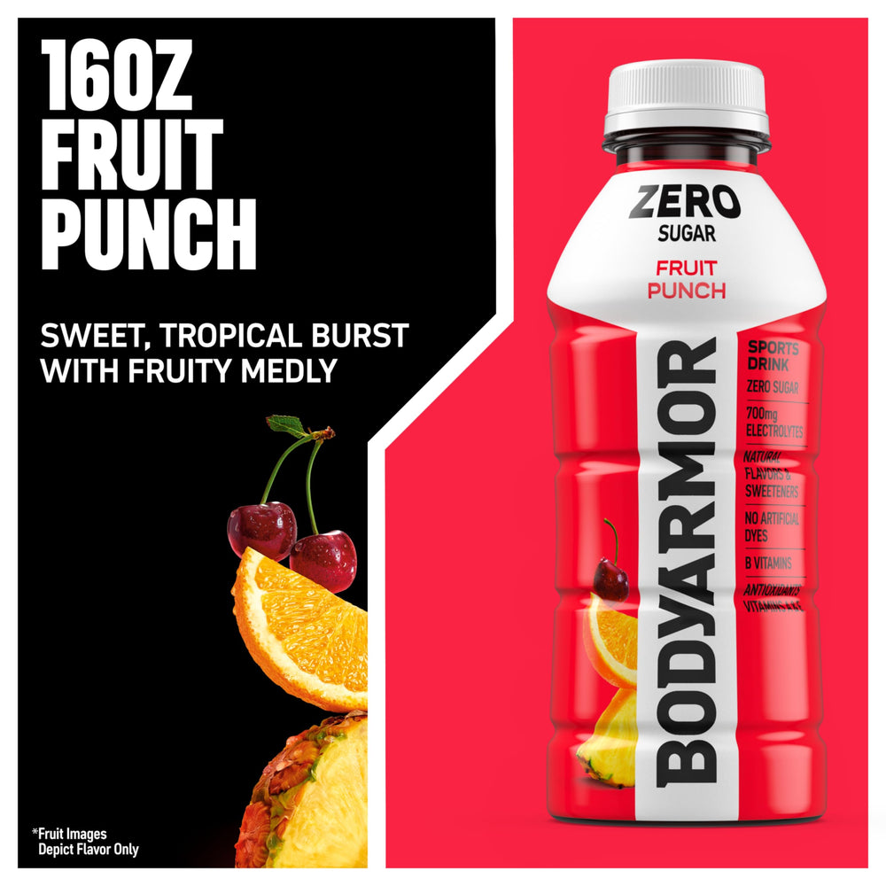 BODYARMOR Zero Fruit Punch pouring into glass to show liquid color and refreshing texture benefit
